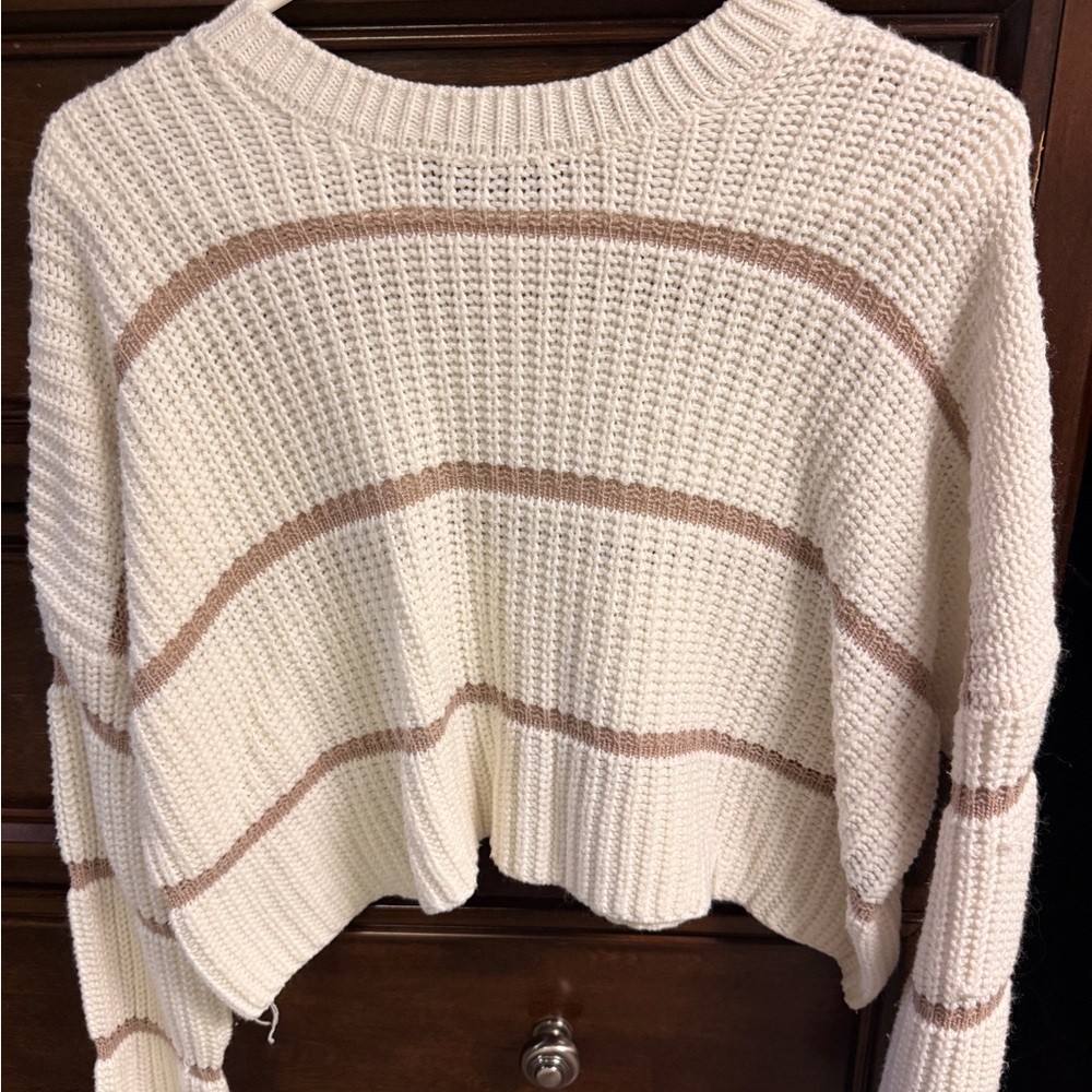 moon & madison Cream Sweater with Tan Stripes - Women's Crewneck